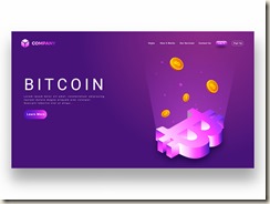 Digital rays coming from 3D bitcoin symbol on purple background, responsive landing page for Virtual currency concept.