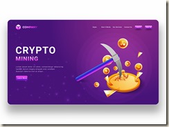 Glowing purple landing page or responsive website banner with virtual currency and pickaxe illustration for crypto mining concept.