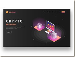 Responsive website template or landing page design with isometric view of desktop and servers for crypto mining concept.