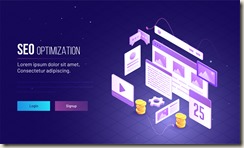 Responsive landing page design with 3D illustration of webpage, email and video play window for SEO Optimization concept.