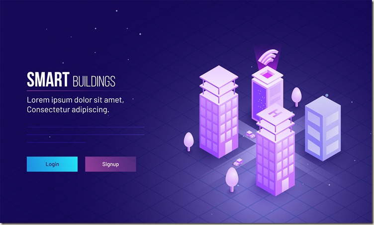 Smart Building concept based  landing page design with 3d illustration of building and web server with wireless internet connection.
