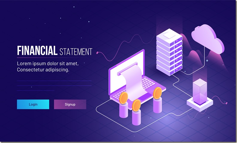 Landing page design for financial statement concept with 3D illustration of laptop, coins and server.